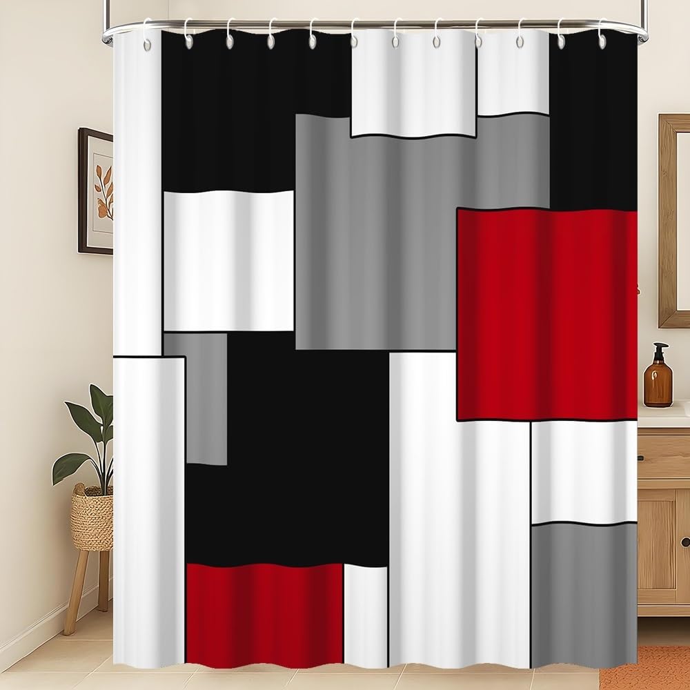 Xiaoterna Geometric Shower Curtain Red and Black Bathroom Curtain Modern Abstract Art Colorful Square Stripes Water Repellant Fabric Washable Shower