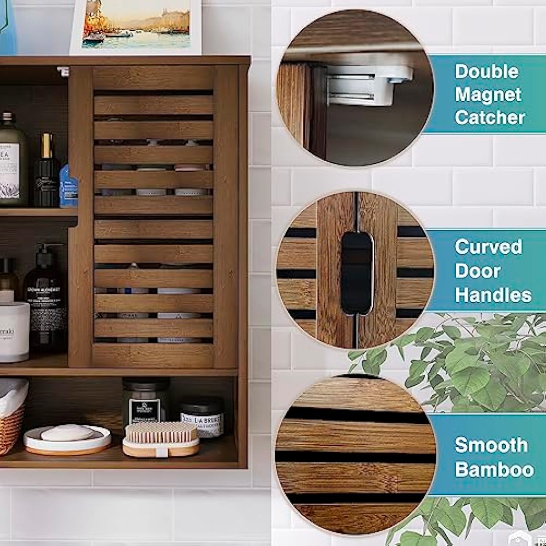 SMIBUY Bathroom Cabinet Wall Mounted, Bamboo Over-The-Toilet Storage Organizer, Space Saver Medicine Cabinet with 2 Door and Adjustable Shelves (Walnut)