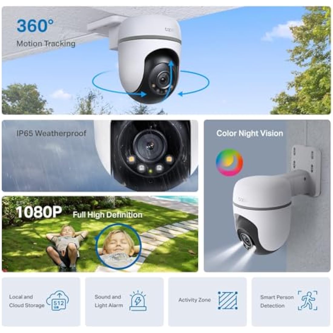 Tapo TC40 Pan/Tilt Smart Security Outdoor Camera, Full HD, 360° Smart Person Detection Motion Tracking, Color Night Vision, WiFi Camera No Monthly Fee, Two-Way Talk, IP65, Works with Alexa & Google
