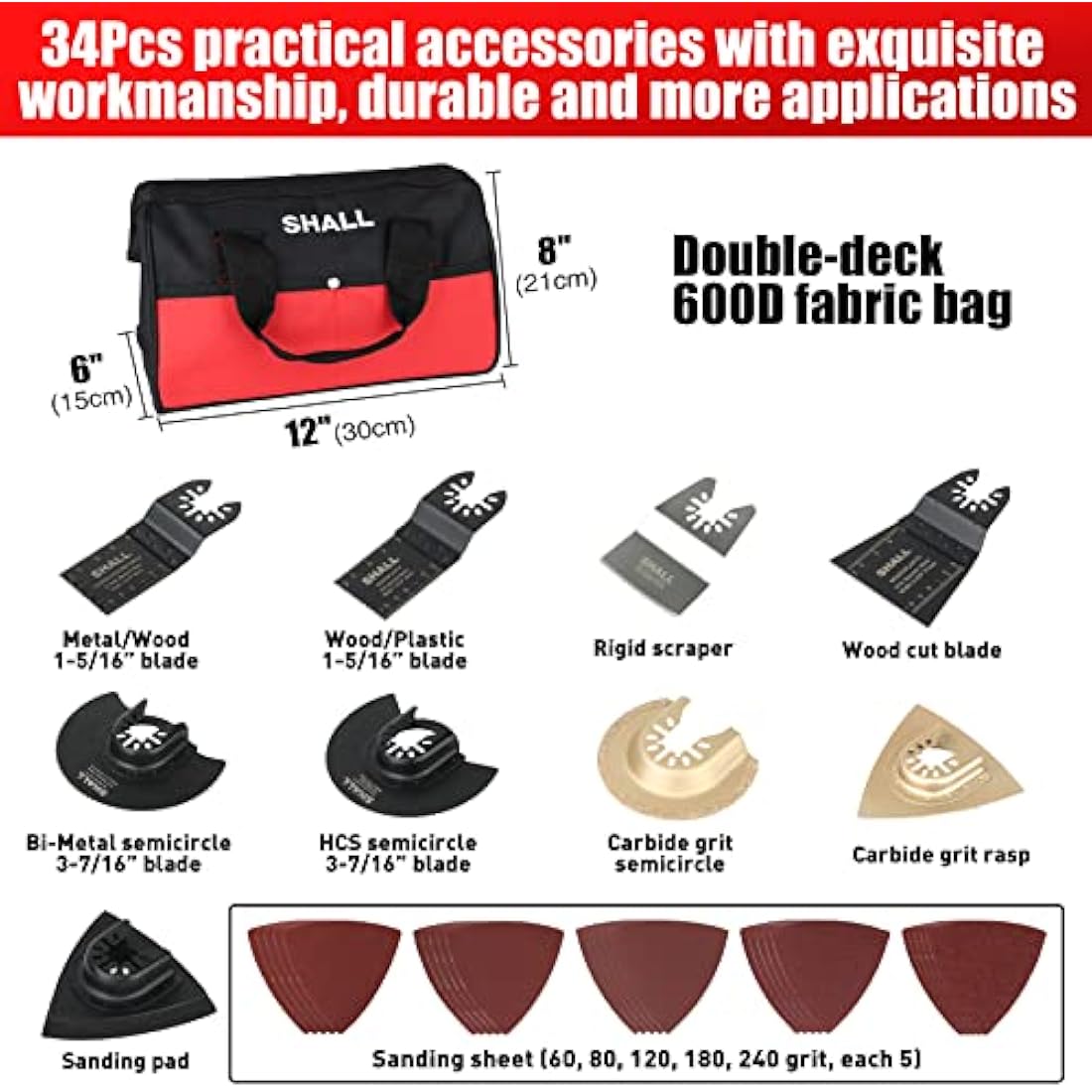 SHALL Oscillating Tool, 500W Oscillating Multitool Kit with 5° Oscillation Angle, Quick Change & Kickback Protection, 6 Variable Speeds, Auxiliary Handle, 34Pcs Saw Accessories and Carry Bag Included