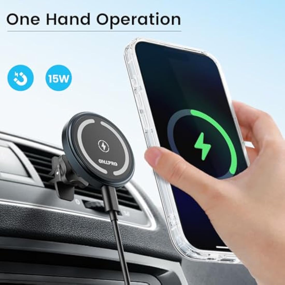 OHLPRO MagSafe Car Mount Charger iPhone Wireless Car Charger, Stick on Dashboard Magnetic Phone Holder Mount for iPhone 16 Pro Plus Max 15 14 13 12 Series, 15W Fast Charging, Aluminum Shell