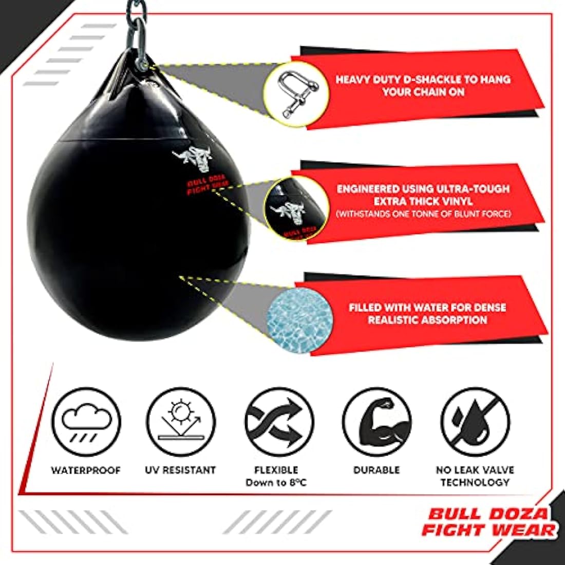 Bull Doza Fight Wear Pro Water Punch Bag - Heavy Durable Waterproof - Three Sizes