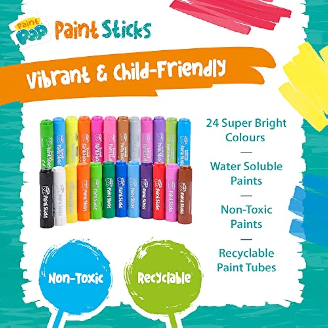 Paint Pop Paint Sticks For Kids - 24 Pack Assorted Colours - Twist & Paint, Mess-Free, Fast Drying Action, Easy Clean Up, Vibrant Colours, Multi-Surface