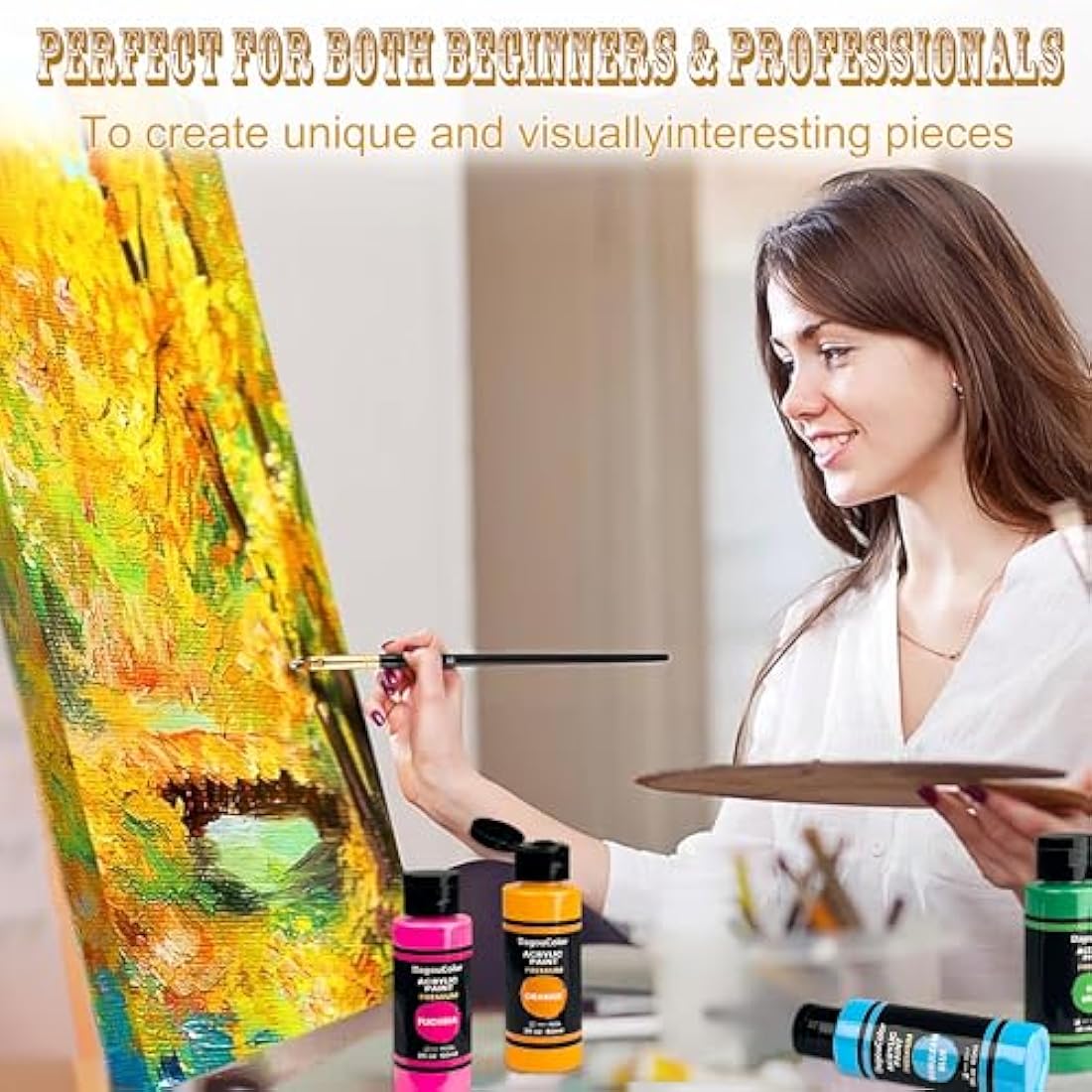 DagouColor 61 PCS Acrylic Paints Set - 48 Colors * 2oz/60ml Art Craft Paint Bottles, 12 Brushes, 1 Palette, Premium Art Supplies Gifts for Artists Kids Beginners on Canvas Rocks Wood Ceramic Fabric