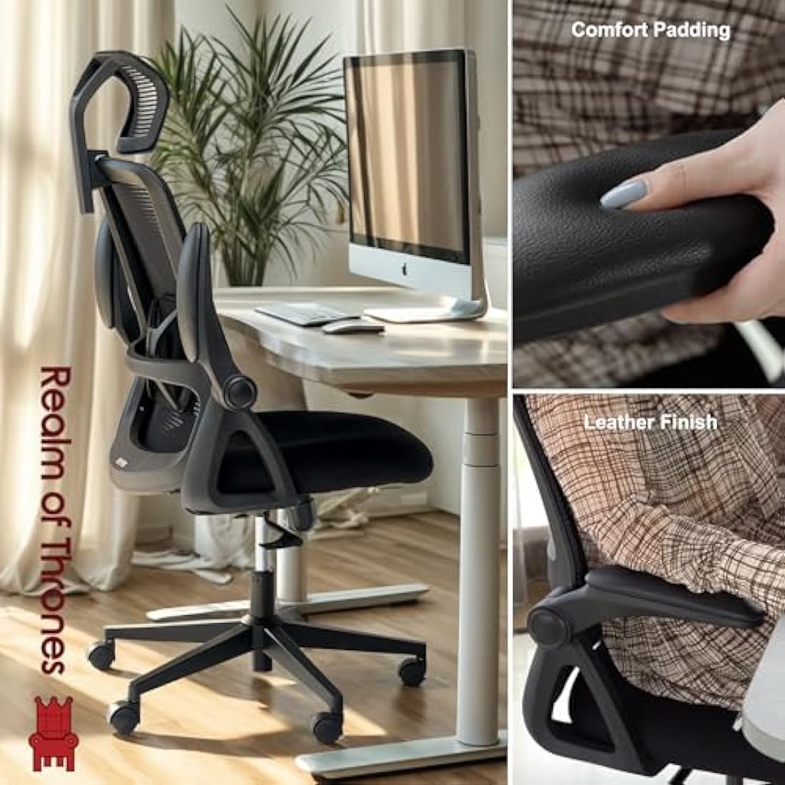 Realm of Thrones CAPTAIN Ergonomic Office Chair for Home, Heavy Duty Steel Base, Versatile Flip-up Armrests, Adjustable Lumbar Support, Mesh Back Comfort Cushion Seat for Computer Desk/Gaming (Black)