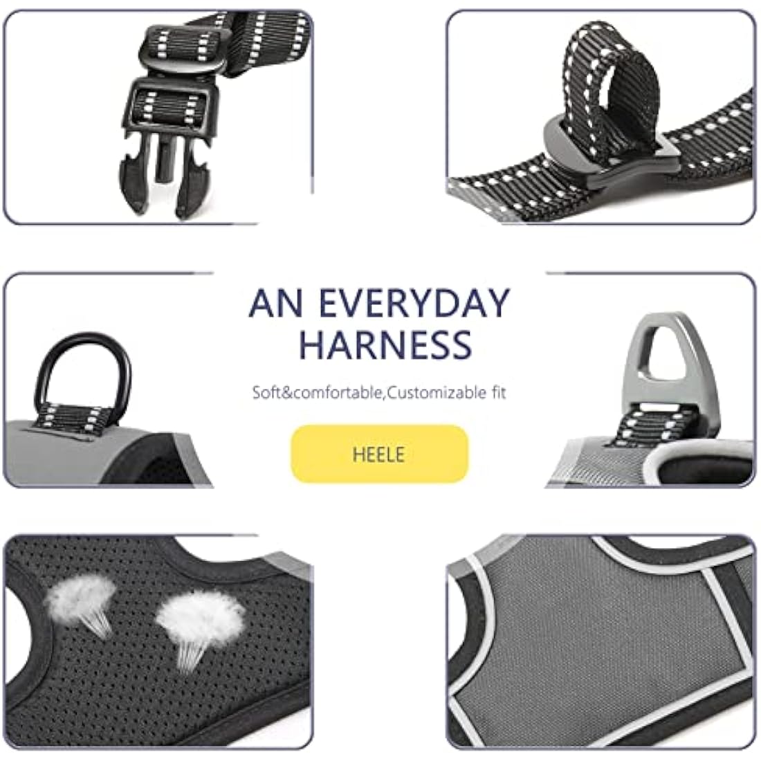 HEELE No Pull Dog Harness - Large, Reflective, Adjustable with Front & Back Leash Attachments & Soft Padded Control Handle - Grey, L
