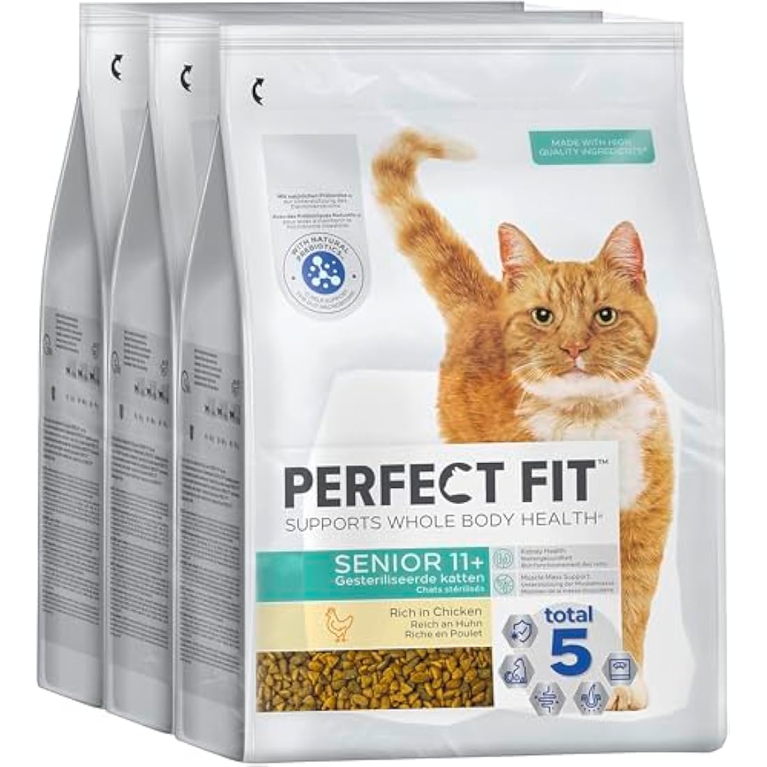 Perfect Fit Senior 11+ Complete Dry Cat Food for Senior Cats Aged 11+ Years, Rich in Chicken, 3 Bags (2.8 kg)
