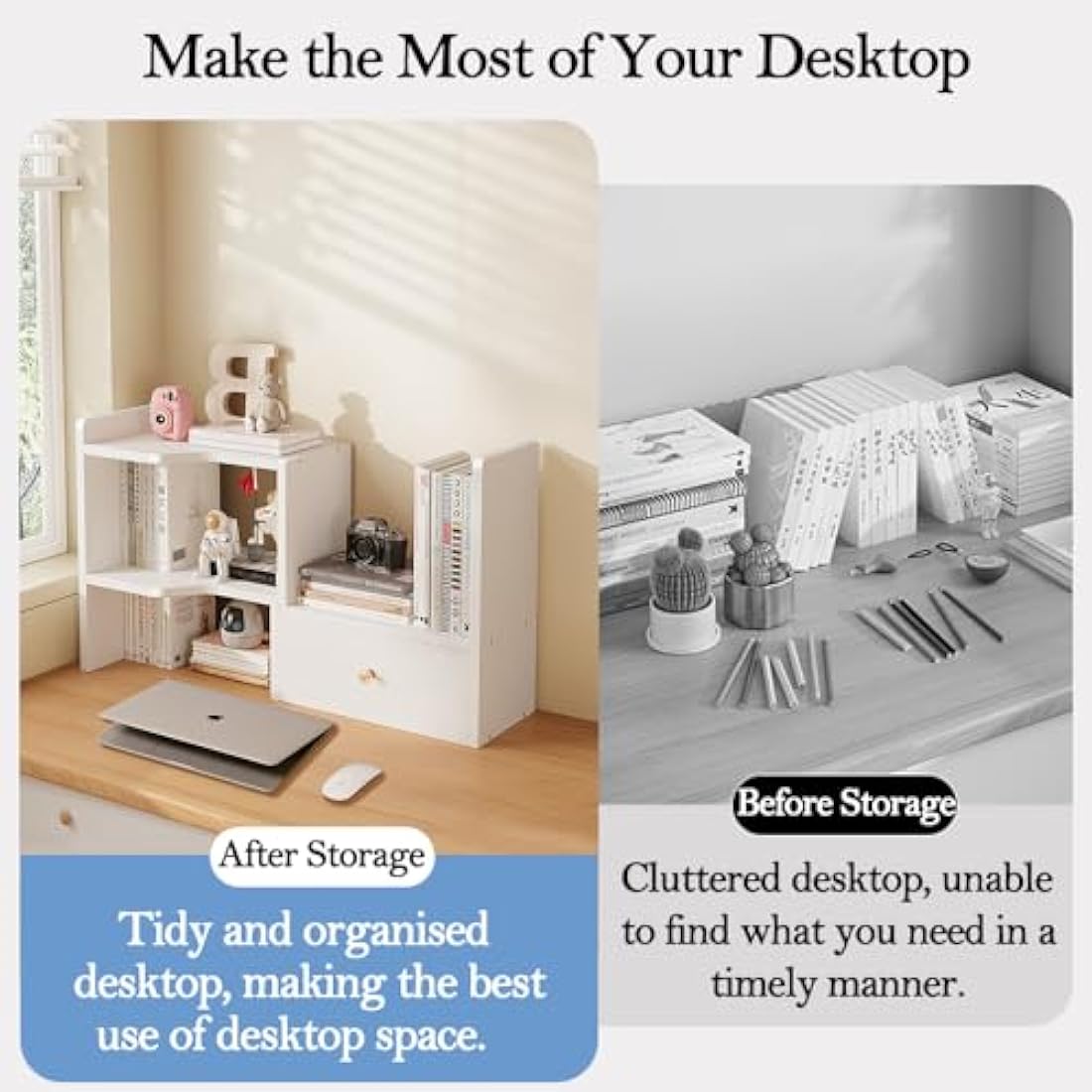 NUODWELL Expandable Desktop Bookshelf, Freestanding Adjustable Office Storage Rack Desk Tidy Organiser Countertop Bookcase for Office & Home (White)