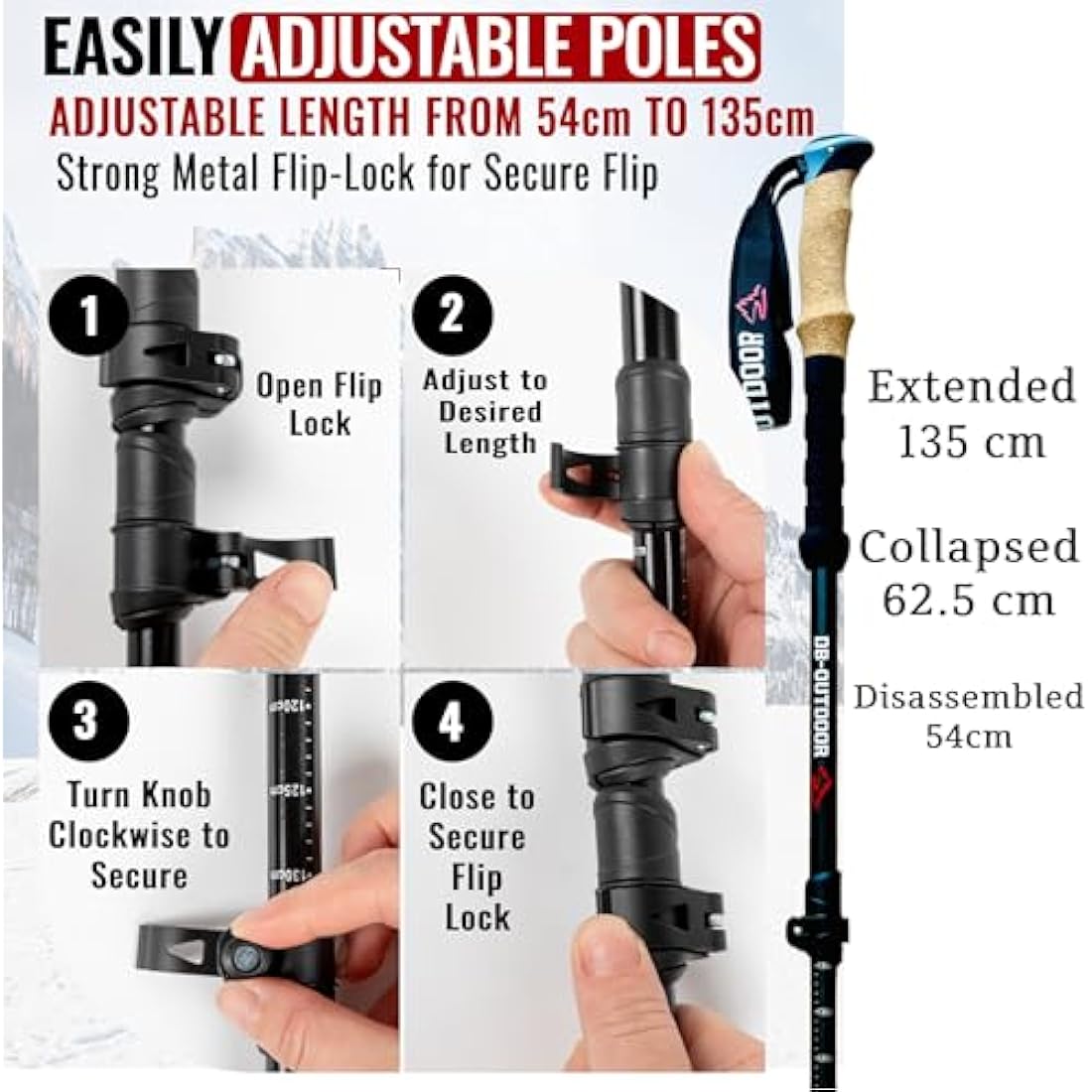 DB-OUTDOOR Trekking Hiking Walking Poles Women and Men - 2 Ultralight 7075 Aluminum Collapsible Hiking Sticks for Men, Natural Cork Grip & Metal Flip Lock Nordic Walking Poles for Men and Seniors