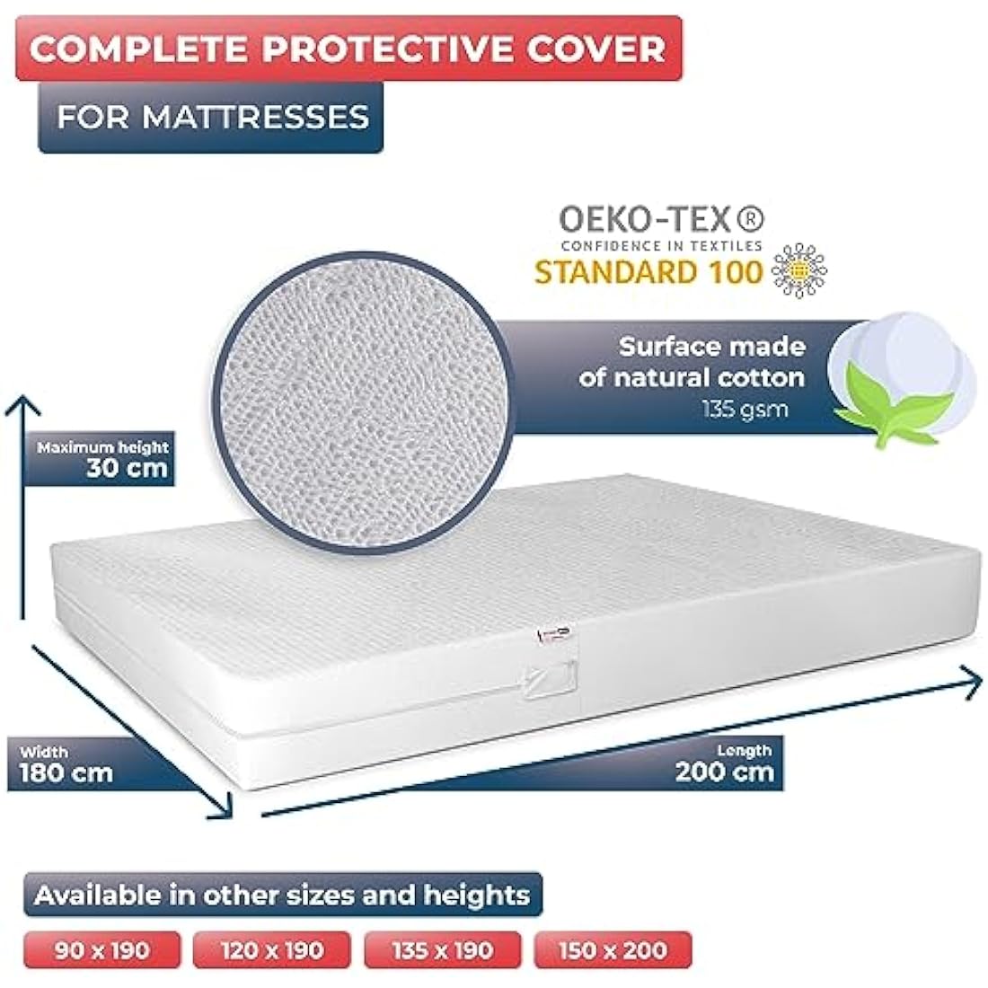 WRAPPYBAG Bed Bugs Mattress Protector - Mattress Cover - Zipped Mattress Protector - Waterproof - Cotton Surface - Super King Size