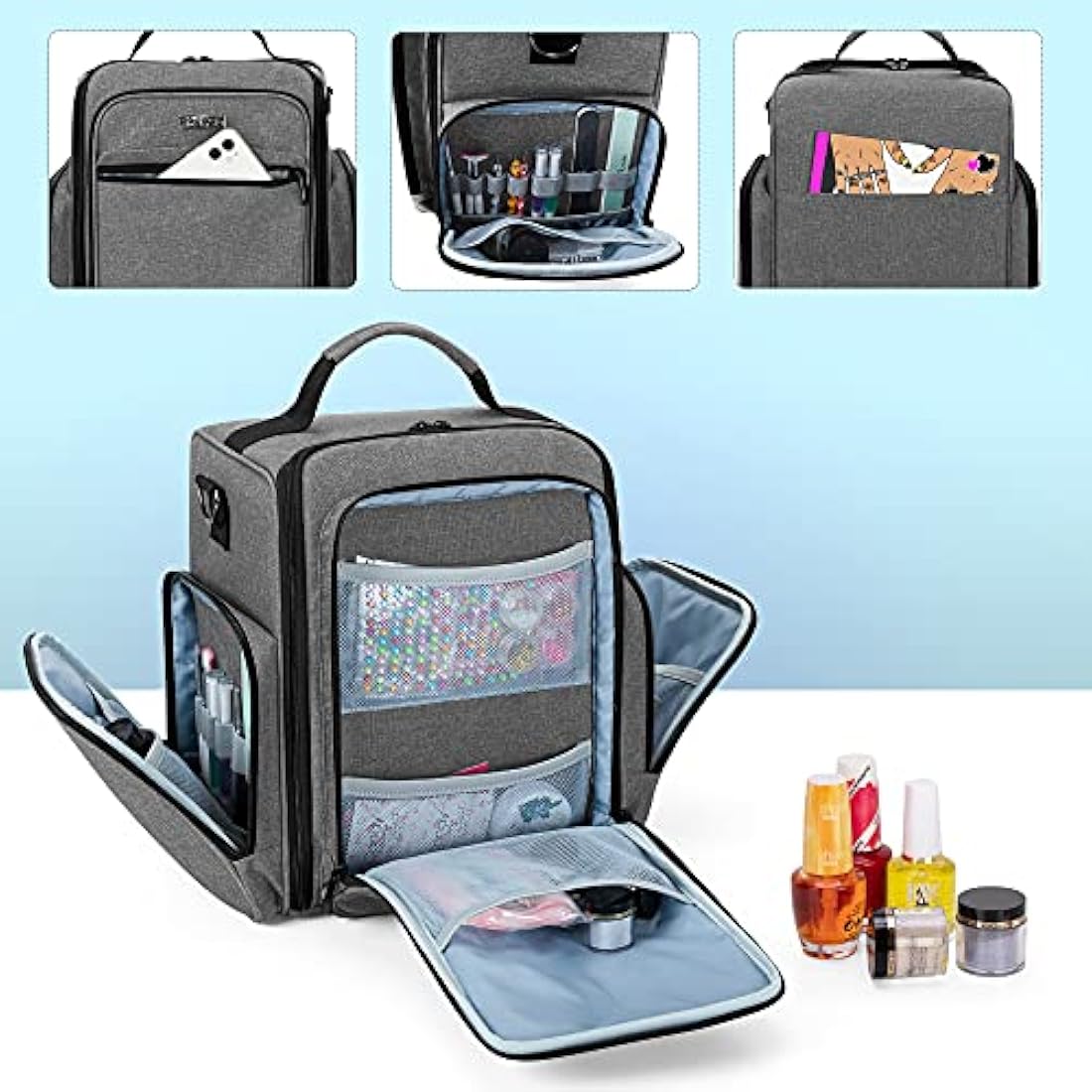BAFASO Nail Polish Organiser Holds 48 Bottles (15ml - 0.5 fl.oz) and a Nail Lamp, Large Case with 2 Removable Pouches and Multiple Storage Sections (Bag Only), Grey (Patented)