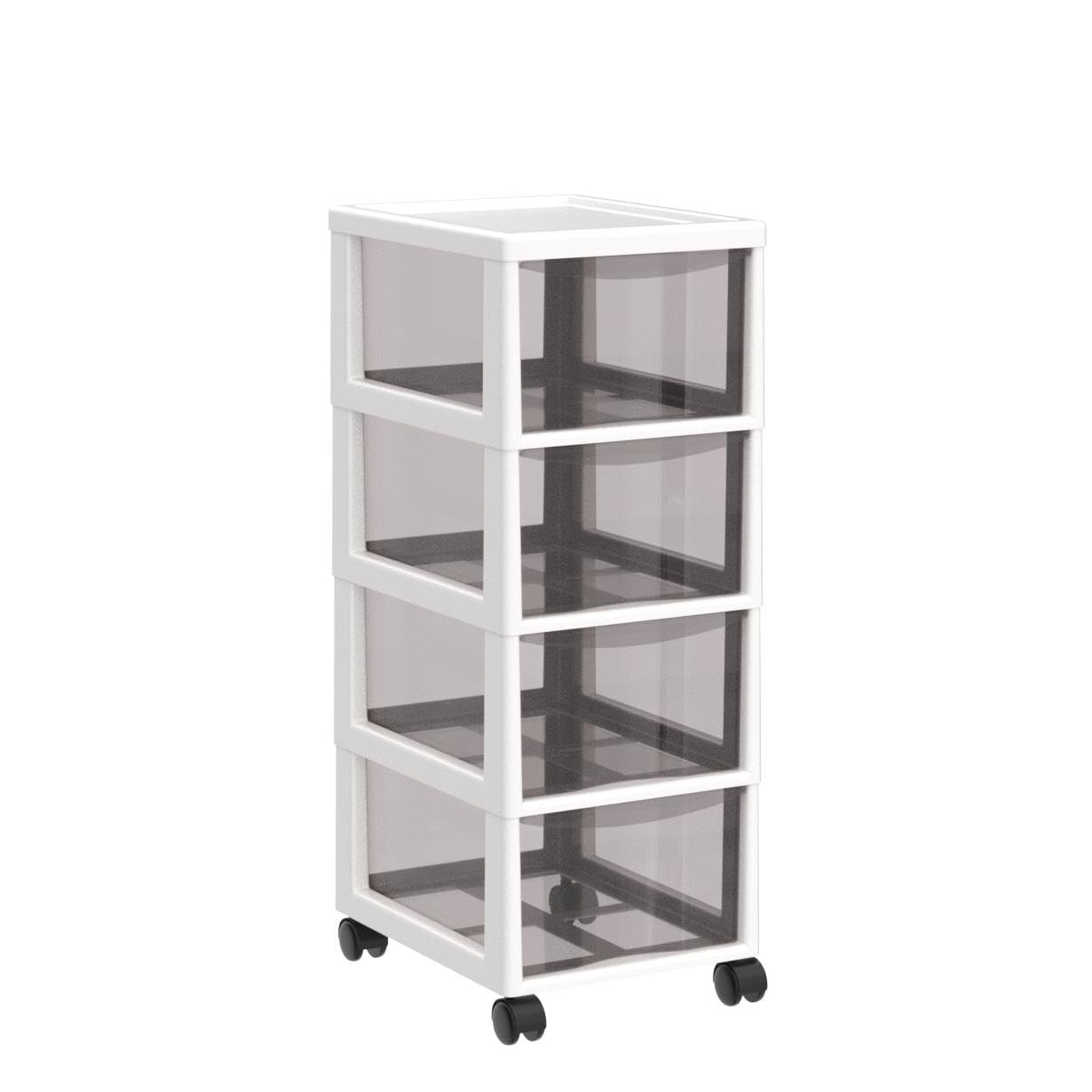 BAKAJI Space-Saving Chest with Drawers Shelves Storage Clear Polypropylene Trolley with 4 Wheels and Sturdy White Structure, Multi-Purpose Organizer
