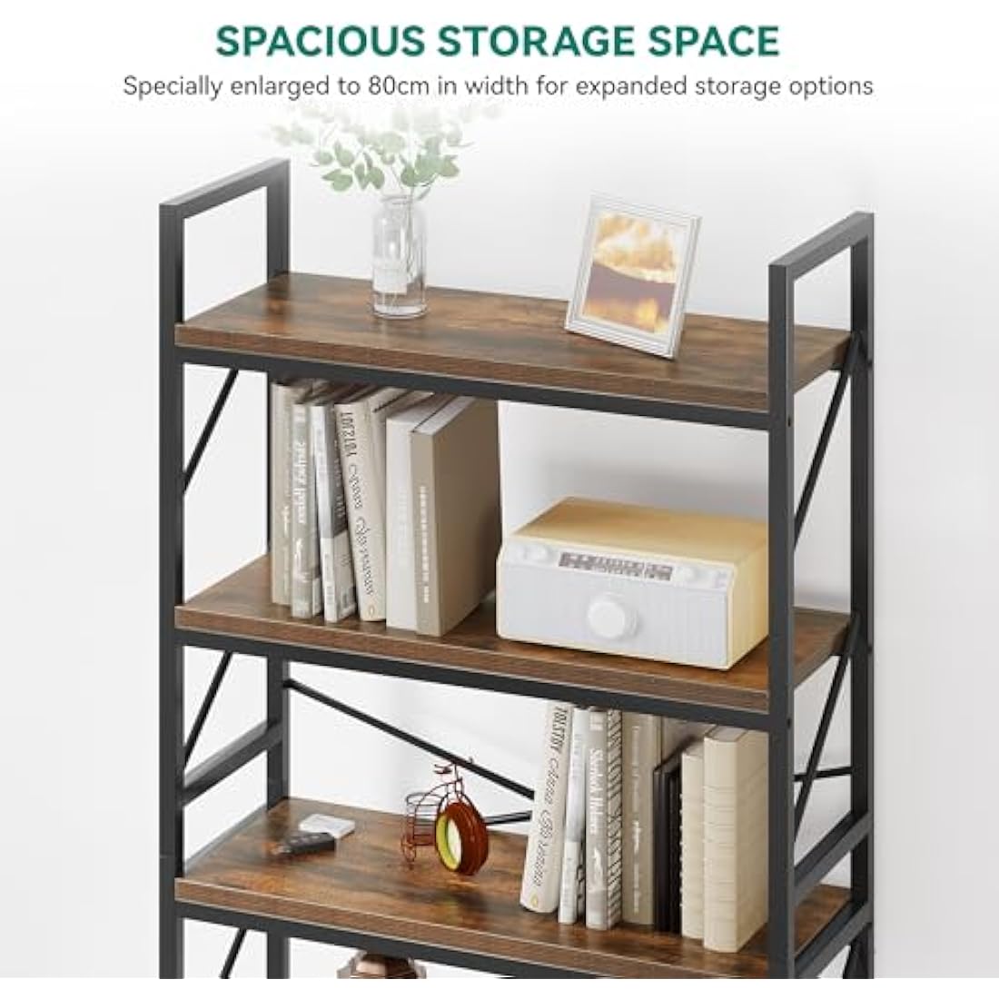 YITAHOME Bookcase 5 Tiers, Industrial Book Shelf Large Floorstanding Book case Wooden Shelf and Metal Frame Shelving Unit Display Storage Rack for Living Room, Home Office, Rustic Brown Bookshelf