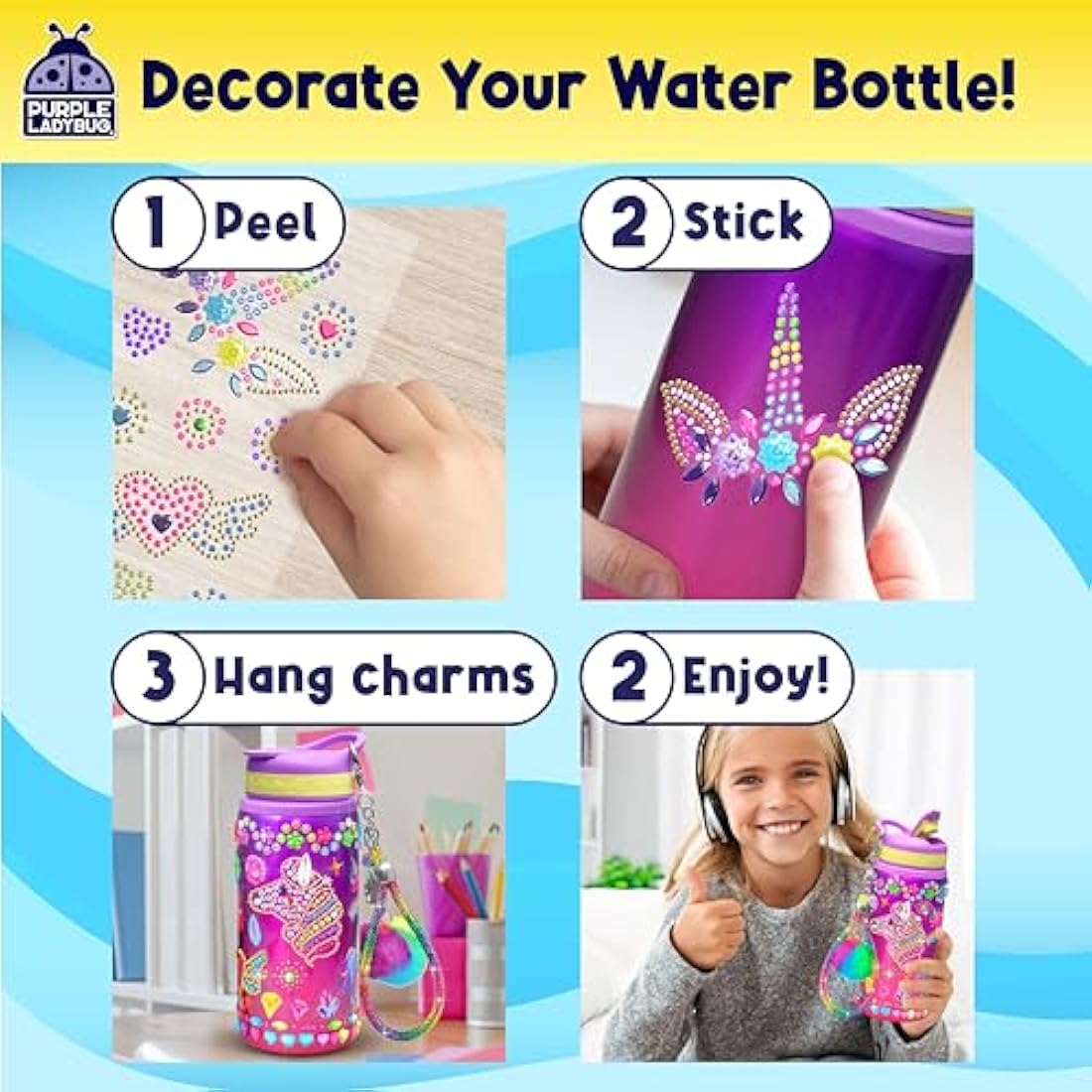 PURPLE LADYBUG Decorate Your Own Water Bottle Craft Kits for Kids - Unicorn Gifts for Girls, 6 Year Old Girl Gifts, Girls Birthday Presents, Arts and Crafts for Kids Ages 5-12, Back to School Gift