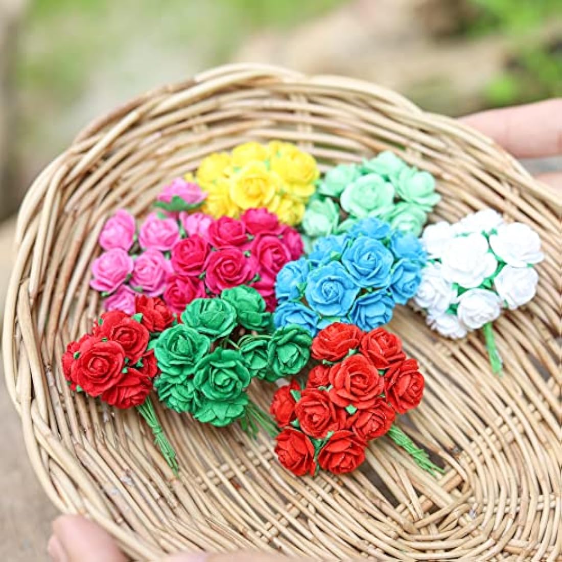 WADSUWAN SHOP 100 Pcs Artificial Mulberry Paper Rose Flower Wedding Scrapbook 1.8cm DIY Craft Scrapbook Scrapbooking Bouquet Craft Stem Mini Roses (10 Colors)