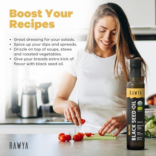 RAWYA Organic Black Seed Oil - Unfiltered - Full Spectrum- Cold Pressed - Turkish Origin - Black Cumin - Kalonji - Nigella Sativa Supplement with Omega 3, 6, 9 - Skin Condition & Hair Growth - 250 ml