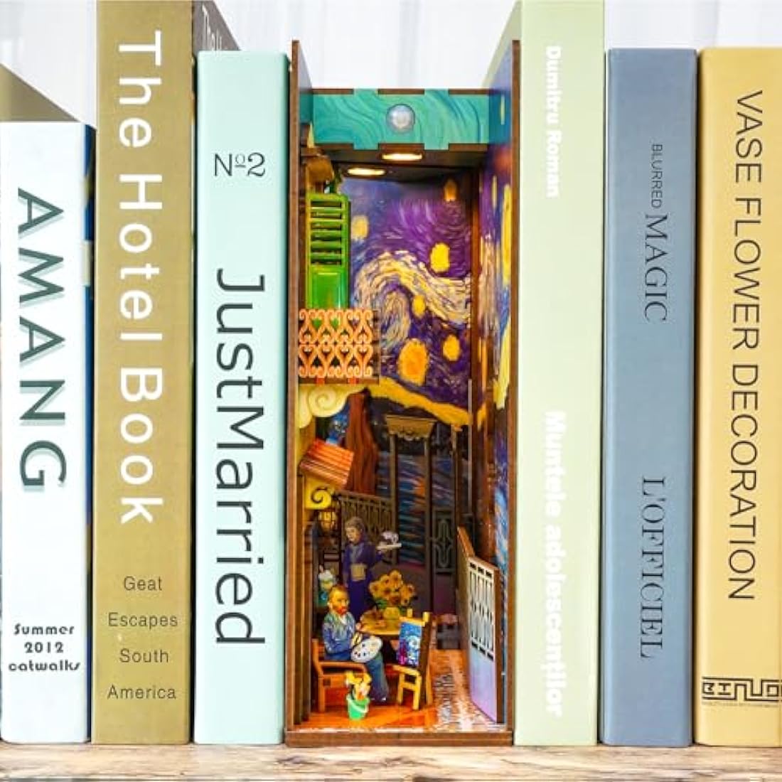 Tonecheer DIY Book Nook Kit Wooden Model Kit 3D Puzzle for Adults to Build Miniature House Craft Kit Booknooks Kits with Light Book Shelf Decor Christmas Birthday Gifts(Vincent's World)