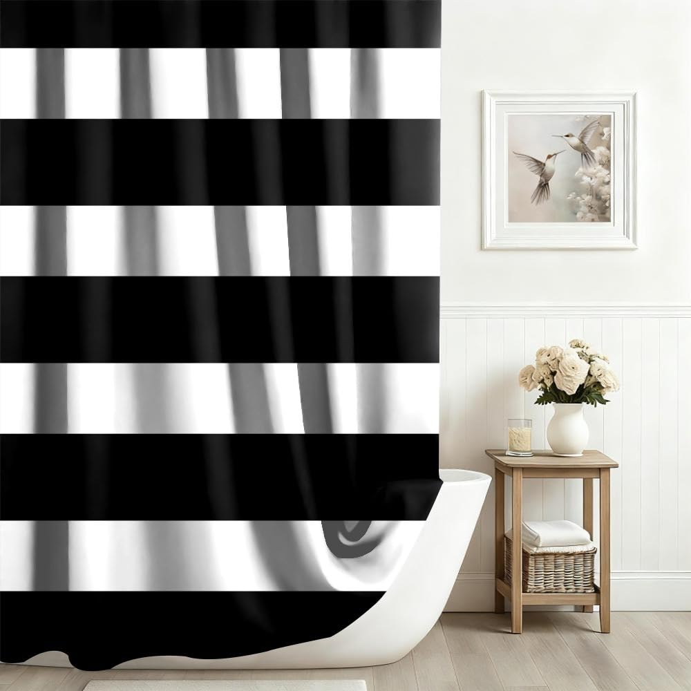 Xiaoterna 105x160cm Black and White Stripes Shower Curtain Vintage Lines Waterproof Polyester Bathroom Curtain Modern Abstract Geometry Aesthetics