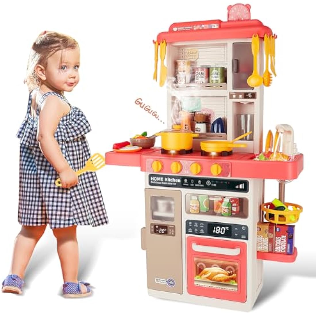 deAO Kitchen Playset Toy with Realistic Lights & Sounds, Kids Play Kitchen Set with Simulation of Spray Features, Pretend Role Play Toys with Lots of Kitchen Accessories Gift for Toddlers (Pink)