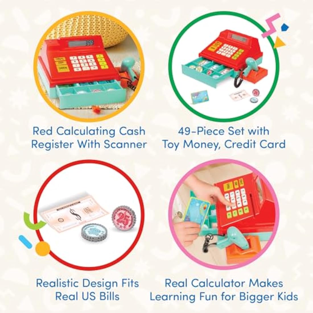Battat – Toy Cash Registerwith scanner For Kids, Toddlers – 49 Pieces with Money, Credit Card, Scanner – Pretend Play Toy – 3+ Years