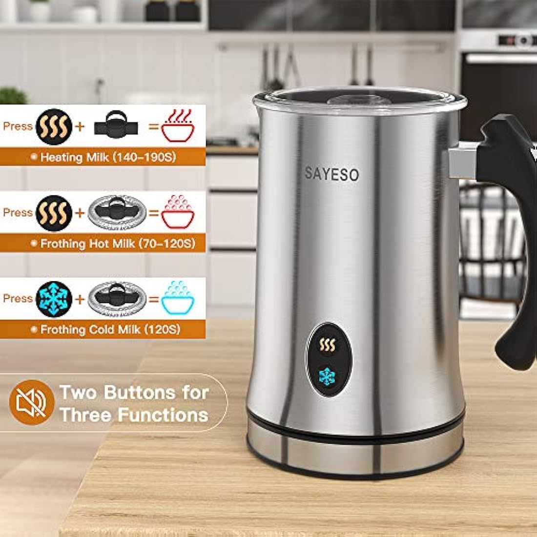 Milk Frother, SAYESO Electric Milk Frother and Warmer with Hot Cold Functionality, Stainless Steel Foam Maker, Automatic Shut-Off Milk Steamer for Coffee, Latte, Cappuccino and Macchiato (Silver)