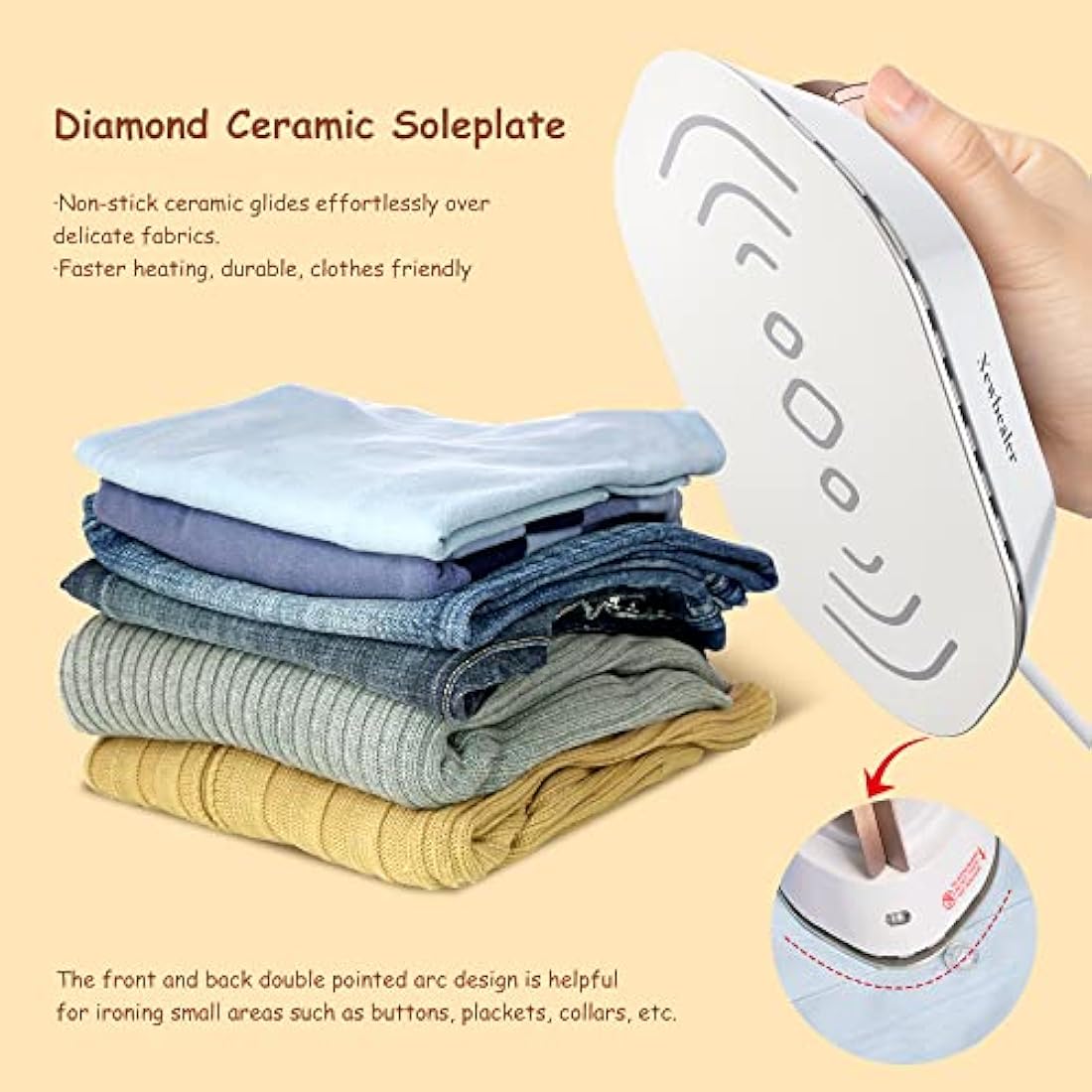 Newbealer Travel Iron - Mini Iron with Dual Voltage-220V/120V for Clothes, Compact Iron with Small Pouch for Global Travel, Quilting & Sewing, Gold