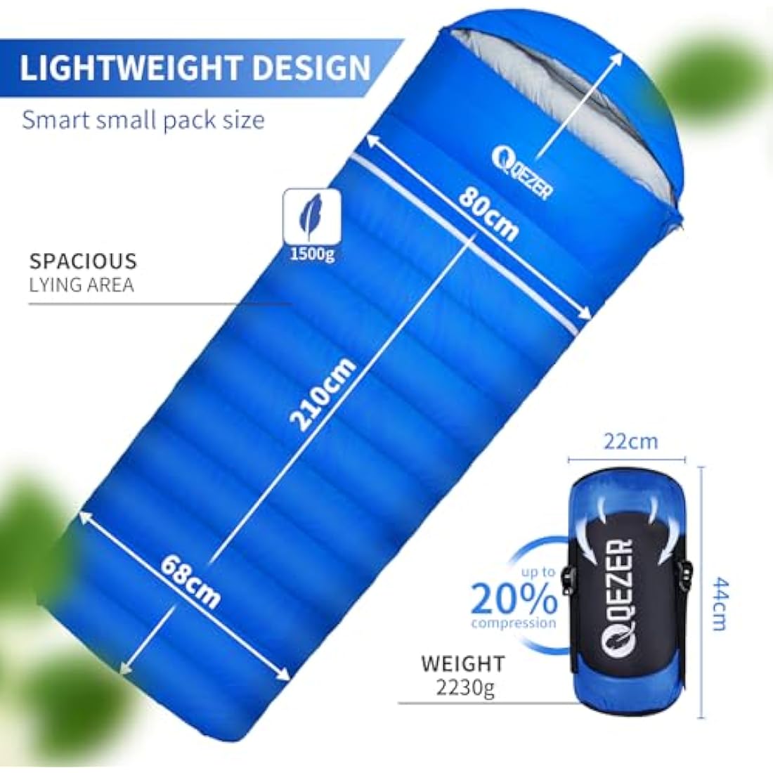 QEZER Down Sleeping Bag,Lightweight Rectangular Winter Sleeping Bag [1180g/1860g] for Adults and Kids 4 Season Camping, Hiking,Warehouse and Moutaineering Outdoor