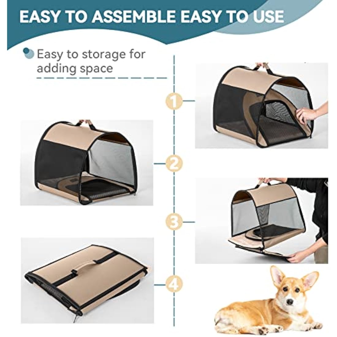 PETSFIT Soft Dog Crate, Cat Travel Carrier- 26.5 Inch Lightweight, Roomy, Easy to Set Up, Portable Pop Up Carrier with Thick Mat, Large Cat Carrier for 2 Cats，Sturdy Soft Sided Dog Crate, Khaki