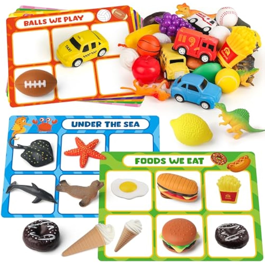 Coogam Sorting Toy for Toddlers, Animals Dinosaurs Fruits Vehicles Foods Fishes Balls Farm Playset, Fine Motor Game Preschool Educational Learning Gift for 2 3 4 Year old