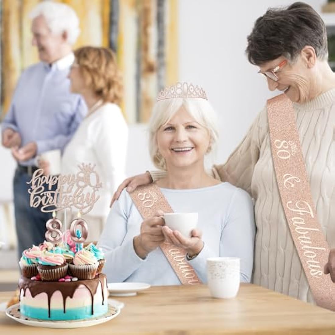 Amosking 80th Birthday Decorations for Women, Including 80th Birthday Sash and Tiara, Cake Topper and Candles, Rose Gold Number Balloons, 80 Year Old Gifts for Women