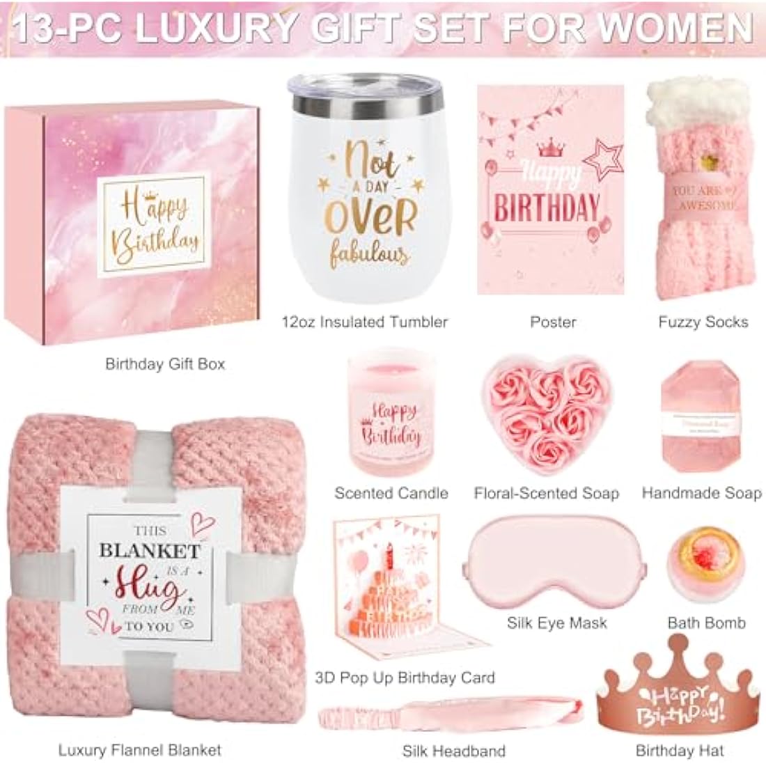 Birthday Gifts for Women, Pamper Gifts for Women, Happy Birthday Box Get Well Soon Gifts, Relaxing Spa Kit with Tumbler Blanket for Mum Wife Friend Sister Coworker, Unique Care Package for Her