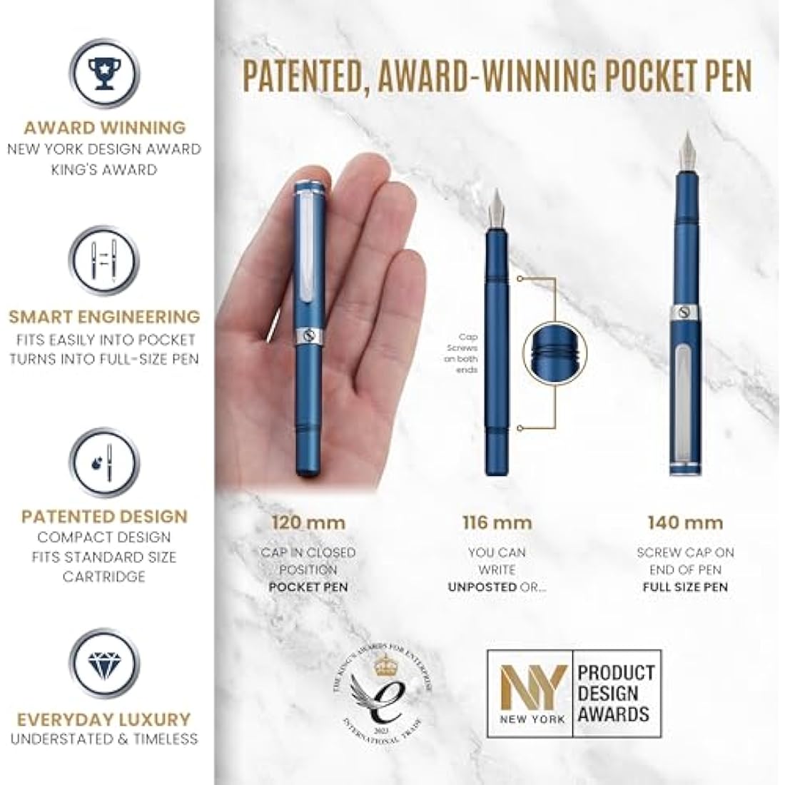Scriveiner Luxury EDC Fountain Pen (Medium), Stunning Matt Blue Pocket Pen, Chrome Finish, Schmidt German Nib, Converter, Best Writing Pen Gift Set for Men & Women, Nice Fancy Office Designer Pen