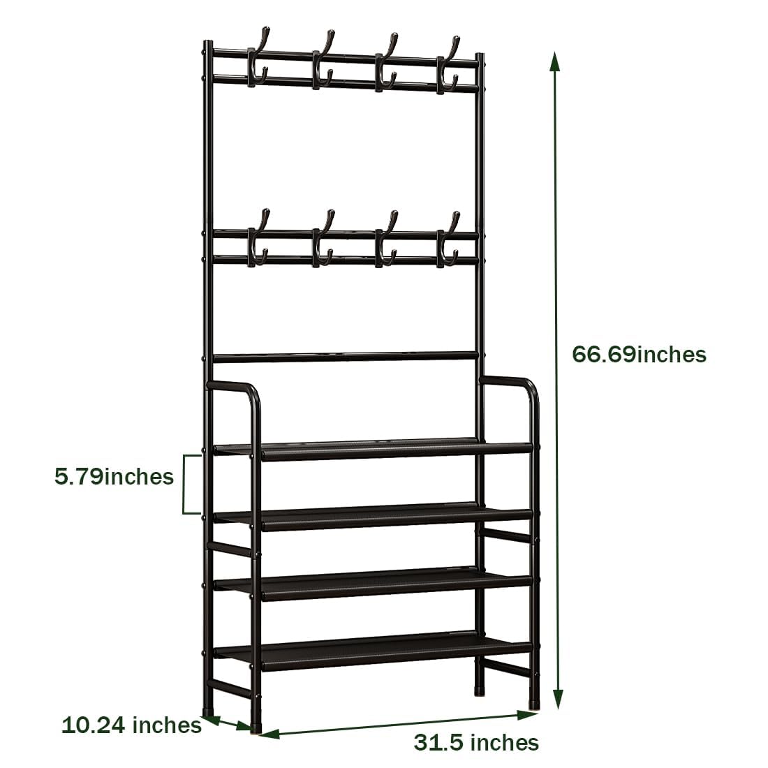 Dazioter Coat Rack Shoe Rack With Storage Shelf Freestanding with 8 Hooks for Entryway Bedroom Closet 4 Tier, Black