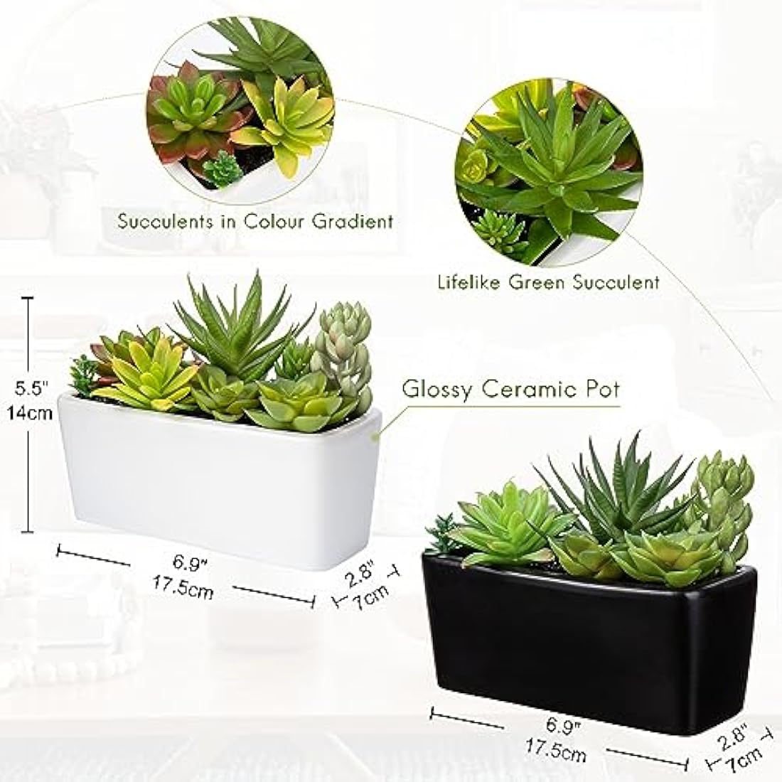 Briful 2 Packs Artificial Succulent Plants Faux Succulents in Black Ceramic Pot, Fake Plants Artificial Succulents Potting Mix Artificial Plants in Pot for Office Home Bathroom Shelf Decor