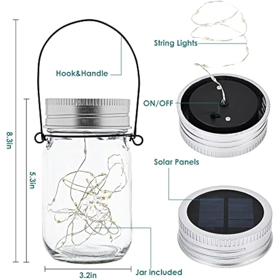 GIGALUMI Hanging Solar Mason Jar Lights, 6 Pack 30 Led Lanterns. Great Outdoor Decor for Patio Garden, Yard and Lawn, Warm White