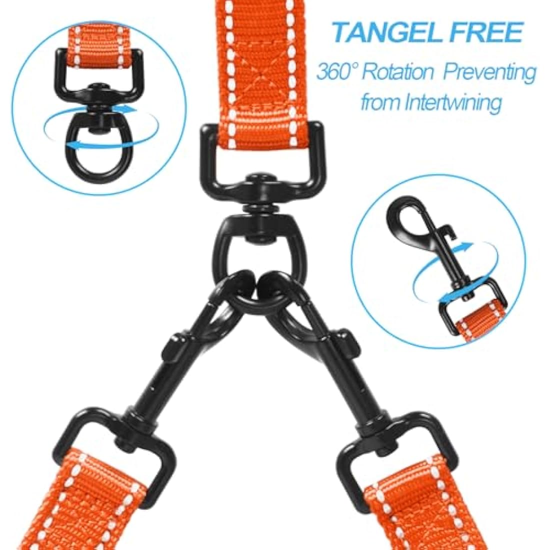 PetBonus Double Dog Leash, No Tangle Dual Leash, Reflective Walking Training Lead, 4 Comfortable Padded Handles for 2 Dogs with Collapsible Bowl and Waste Bags (Orange, Large)