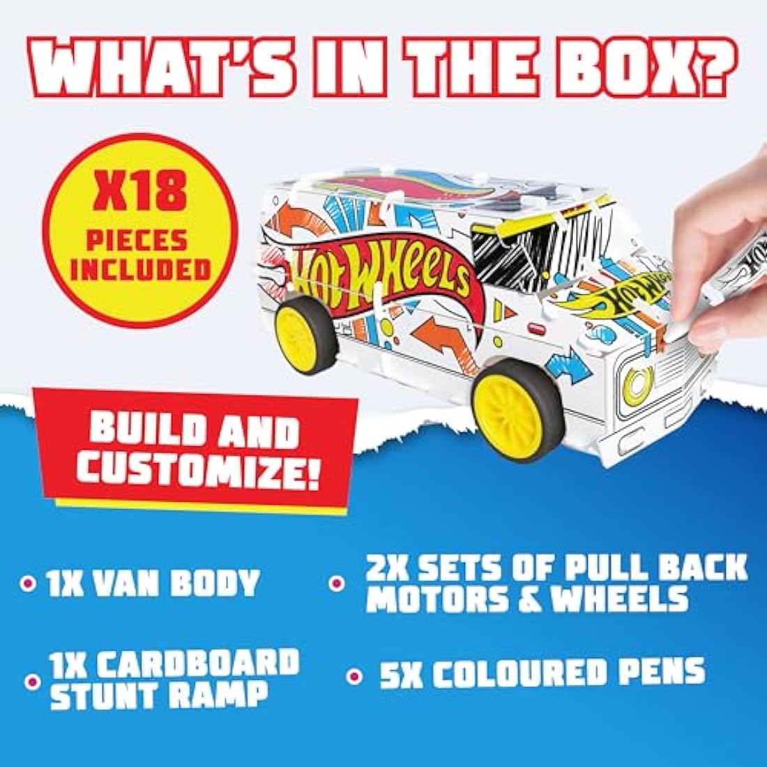 BLADEZ Hot Wheels Custom Super Van, DIY Van, Make Your Own/Build Your Own, Pull Back Vehicle for Kids, Customisable with pens and Stickers, Creative Maker Kitz Toyz