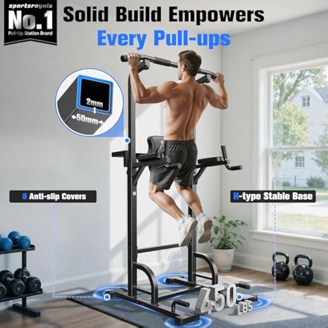 Sportsroyals Power Tower Dip Station Pull Up Bar for Home Gym Strength Training Workout Equipment, 450LBS.