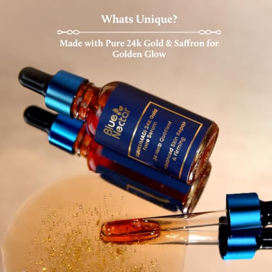 Blue Nectar 24k Gold Serum for Glowing Skin | Natural Kumkumadi Oil Serum for Face Infused with 24K Gold | Ayurvedic Face Serum for Skin Brightening and Skin Firming (24 Herbs, 30ml)