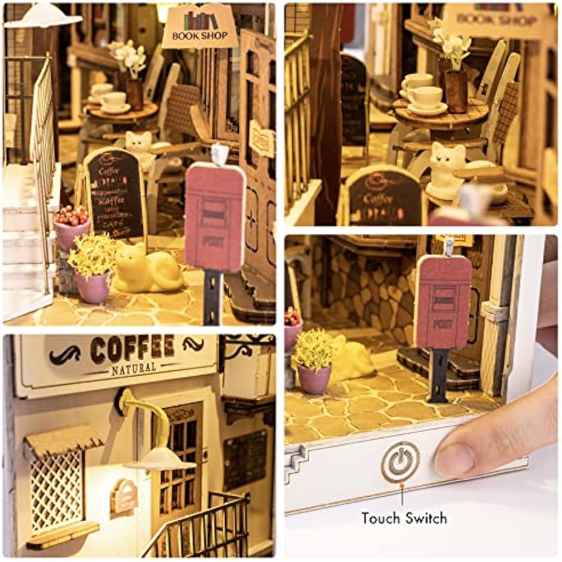 ROBOTIME Wooden Book Nook Dollhouse Kit, DIY Wall Hanging Miniature Room, Puzzle House Model Building Kits with LED Lights, Home, Bookshelf Decor (Sunshine Town)