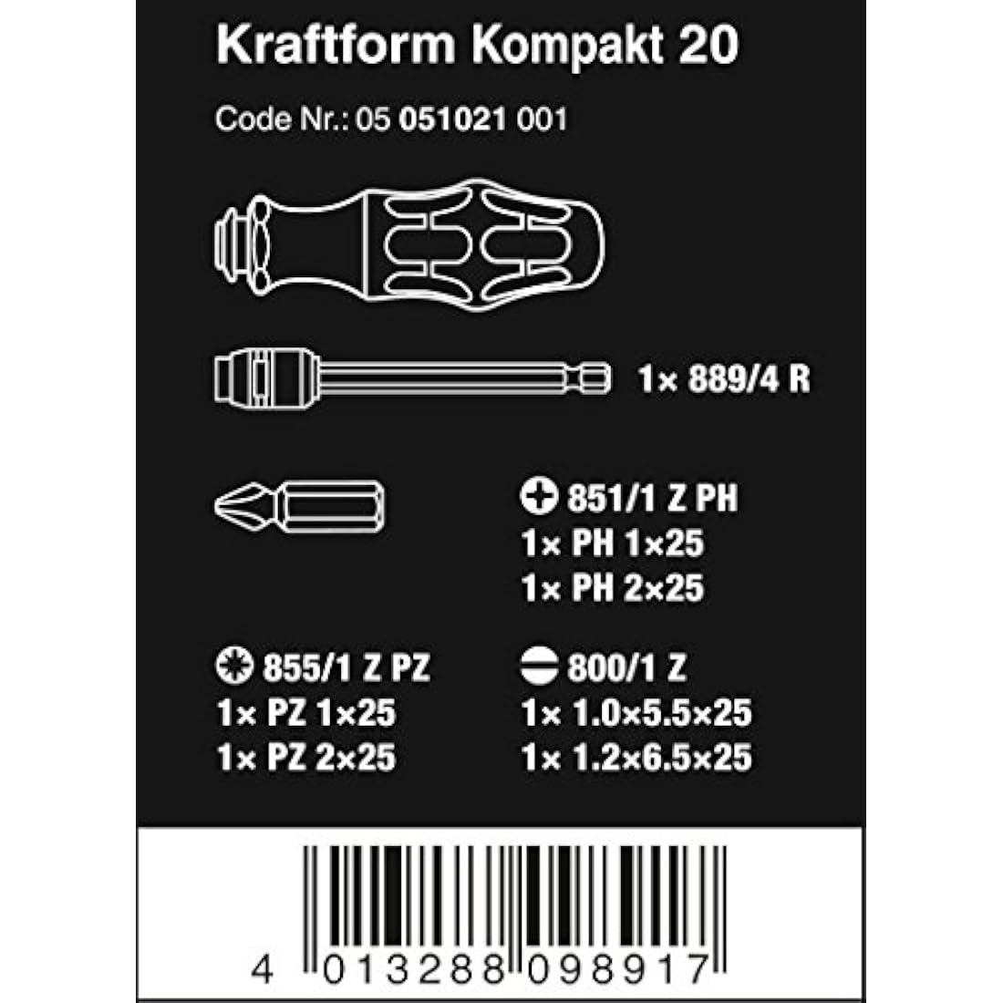 Wera Compact Tool Set "Kraftform 20" with Pouch, SL/PH/PZ, 7 Pieces, Silver