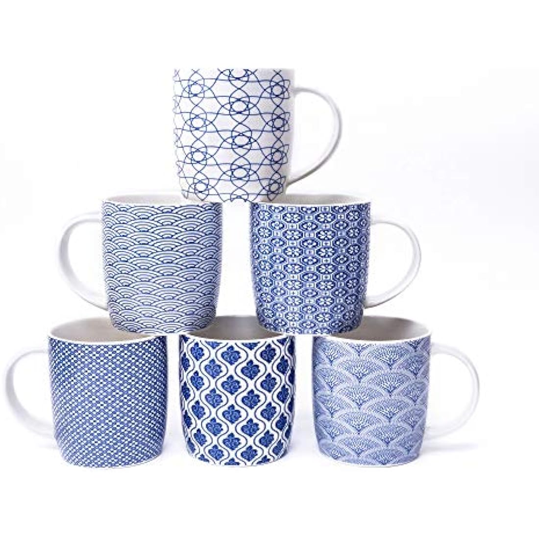 MACHUMA Set of 6 Coffee Mugs 340 ML/11.5 oz with Blue and White Geometric Patterns, Ceramic Tea Cup Set 6 Pack
