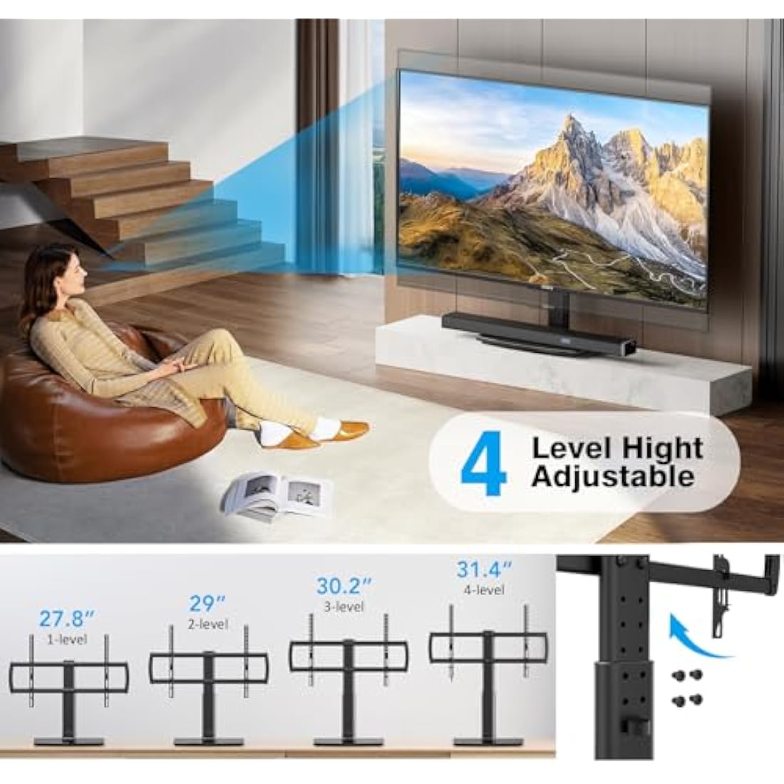 Universal TV Stand/Base Tabletop TV Stand with Wall Mount for 40 to 86 inch 5 Level Height Adjustable, Heavy Duty Tempered Glass Base, Holds up to 66kgs Screens, HT03B-003P