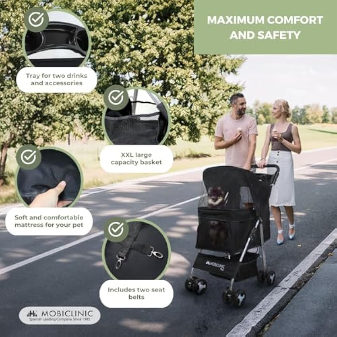 Mobiclinic® Pets Foldable Dog Pram, Up to 15 kg, Ideal for Small Dogs, Pet Stroller, Zuma, Wheels with 360° Brakes, XXL Basket, 3 Windows with Zip and Mosquito Net, Cup Holder (Black)