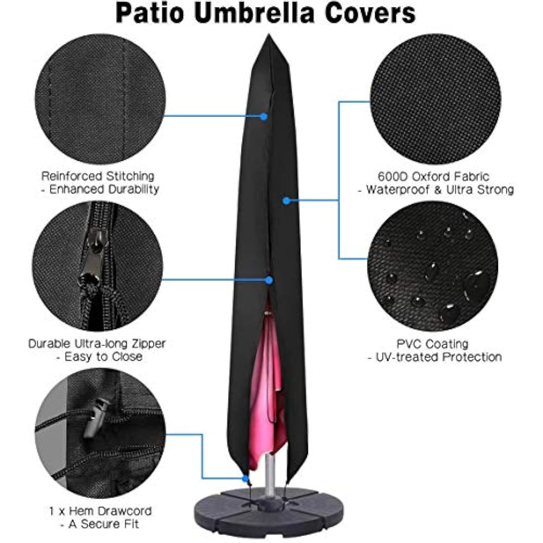 PATIO PLUS Parasol Cover, Garden Umbrella Covers 190* 25 * 50cm Waterproof 600D Oxford Fabric PVC Coating, Black