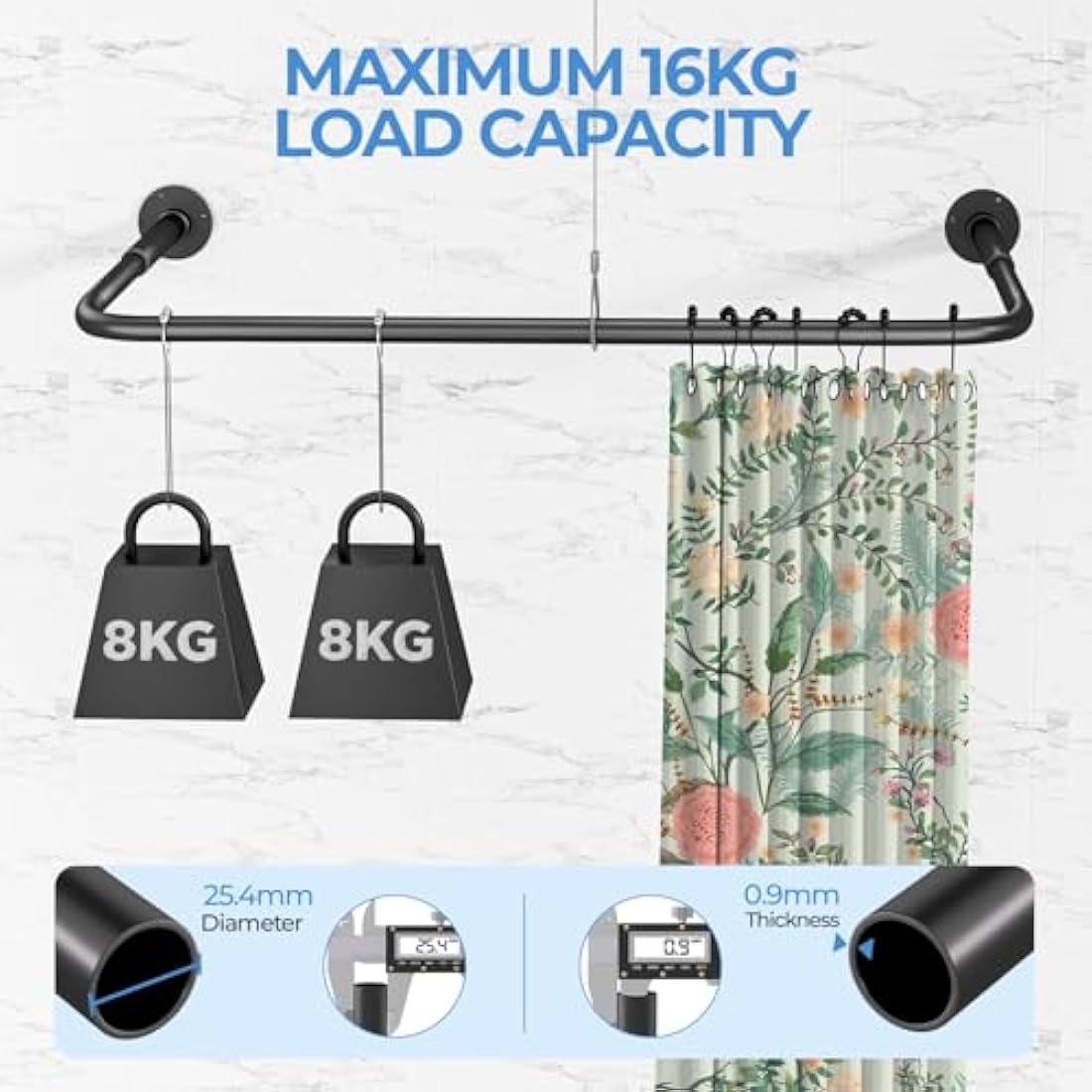 L Shaped/U Shaped Shower Curtain Rail, [60-92]X[78-198]X[60-92]cm Adjustable Shower Curtain Pole, Wall Mounted Curved Shower Rail With 12 Rings & Ceiling Support For Bathroom Bathtubs, Need Drilling
