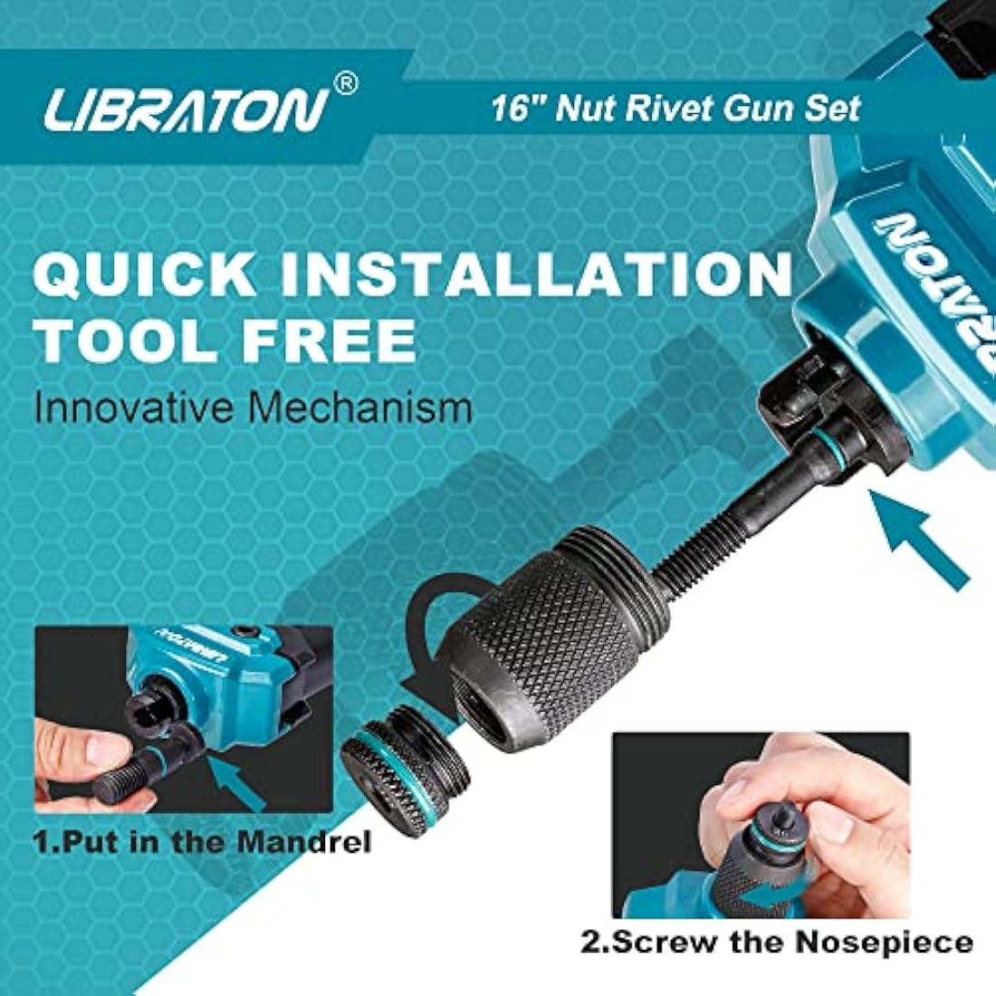 Libraton 16" Rivet Nut Tool, Rivet Nut Gun, Hand Rivet Nut Setter with 70PCS Rivet Nuts, 7PCS Metric Interchangeable Mandrels and Carrying Case, Easy Replace
