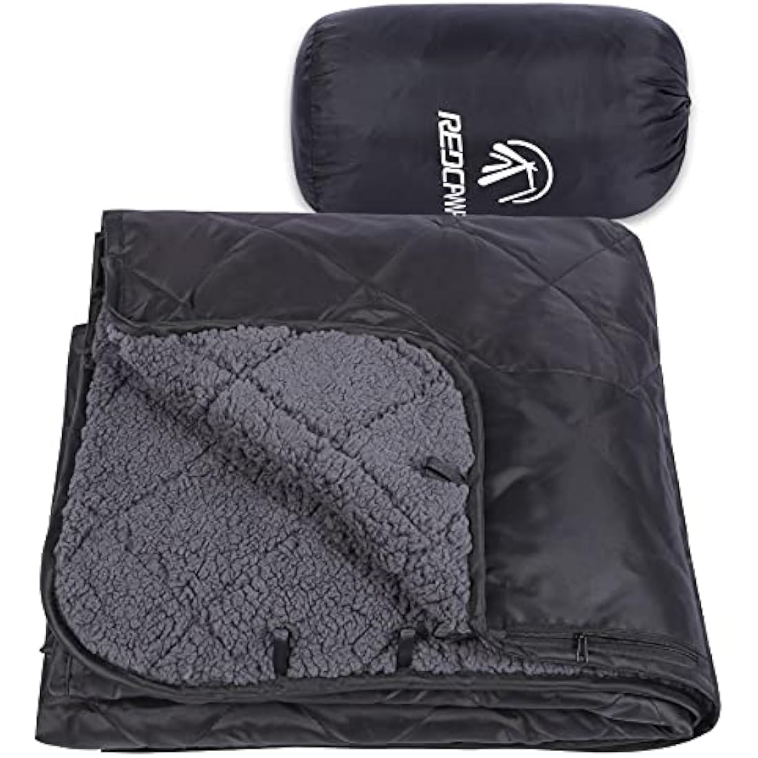 REDCAMP Large Waterproof Camping Blanket Thermal with Sherpa Lining, 200x200 cm Windproof Outdoor Blanket for Cold Weather Winter Stadium Travel Sports,Washable Black