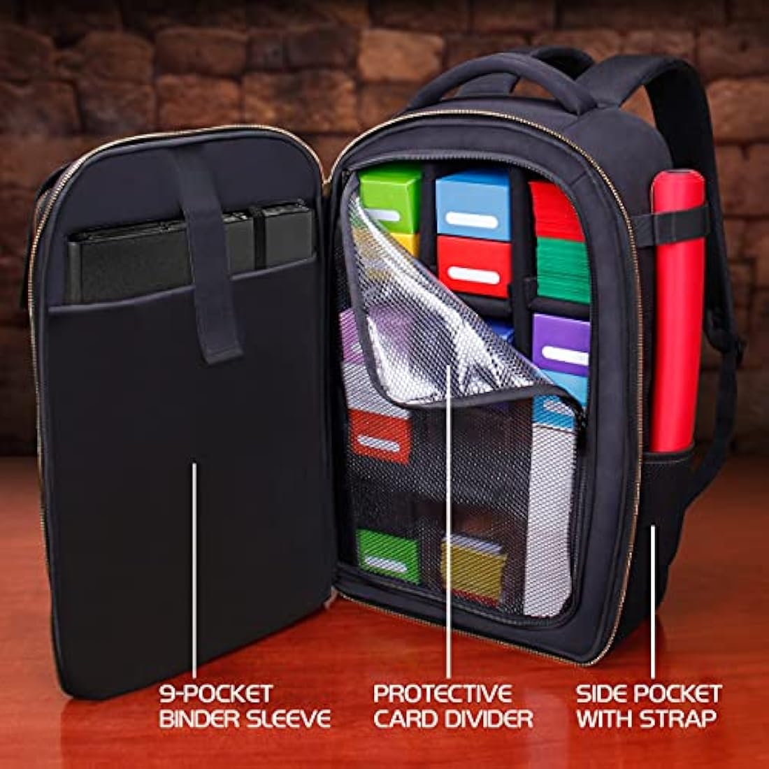 ENHANCE MTG Backpack TCG Card Storage - TCG Backpack for Deck Boxes, Sleeved Cards, Playmats, MTG Accessories - Customizable Card Organization Protected by Built-in Card Defender Screen (Black)