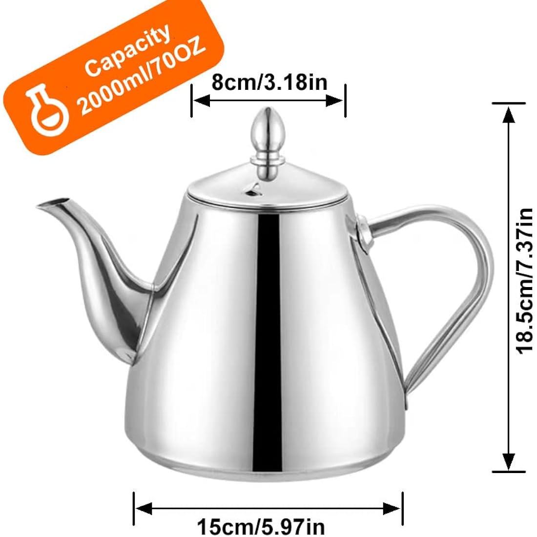 SANQIAHOME Stainless Steel Teapot Coffee Servers 70oz(2.0 litres) 6-8 Cups，Easy Pour Silver Tea Pot